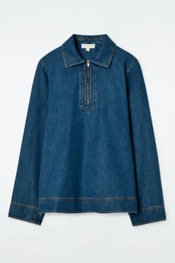 BLUSE AUS DENIM MIT KURZEM REISSVERSCHLUSS