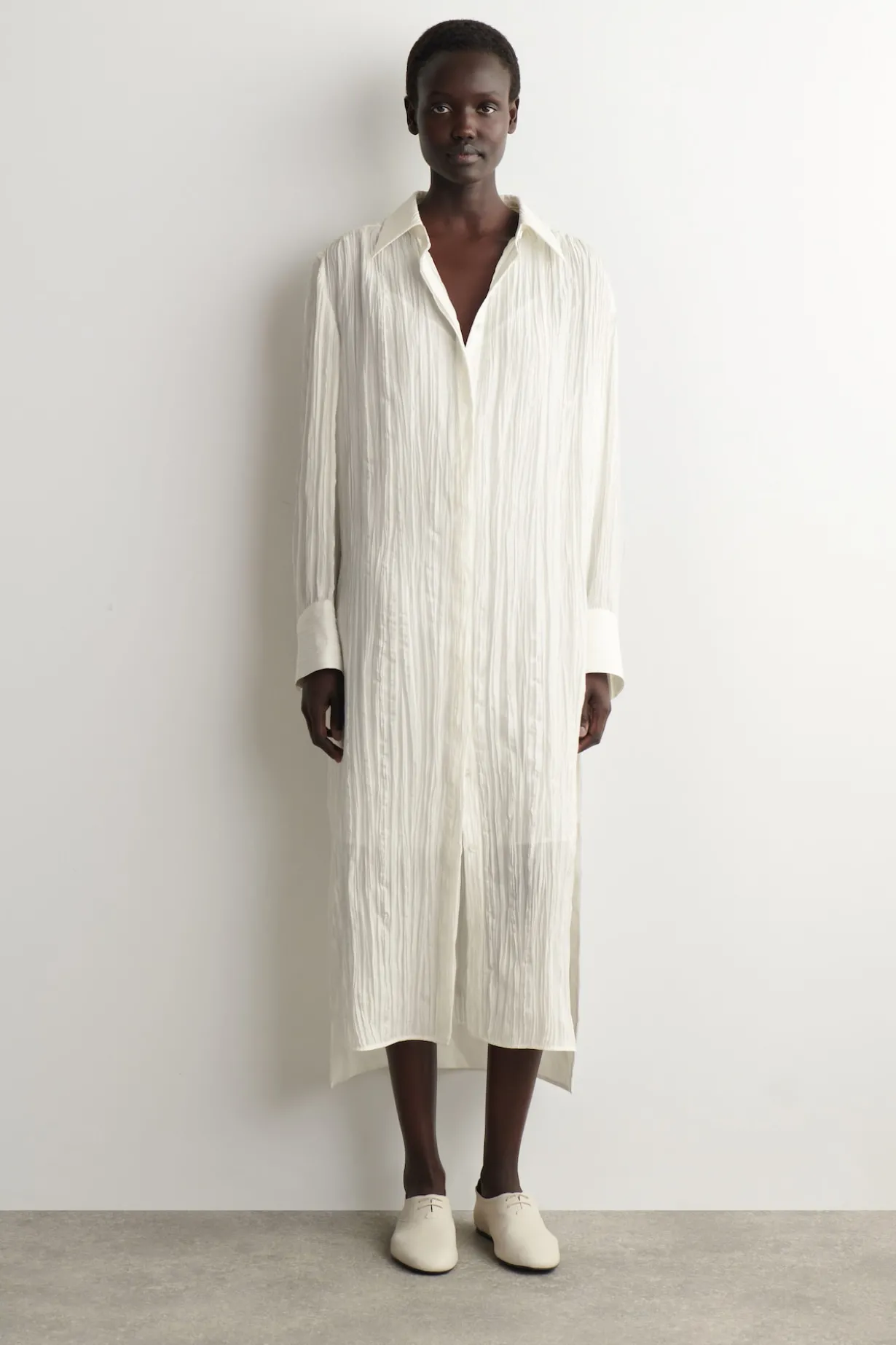 CRINKLED-SILK MIDI SHIRT DRESS
