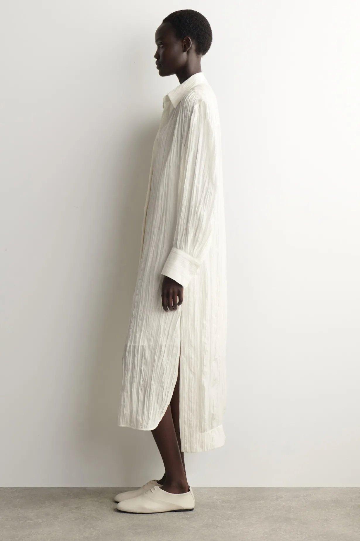 CRINKLED-SILK MIDI SHIRT DRESS