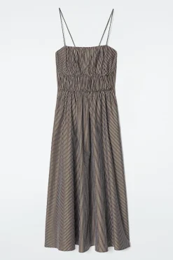 GESTREIFTES MIDIKLEID MIT GERAFFTER TAILLENPARTIE