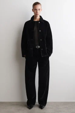 HOSE AUS BEFLOCKTEM DENIM MIT BARREL-BEIN