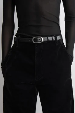 HOSE AUS BEFLOCKTEM DENIM MIT BARREL-BEIN