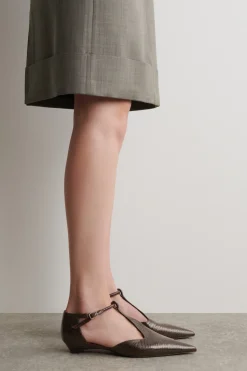 LIZARD-EFFECT LEATHER T-BAR WEDGE HEELS