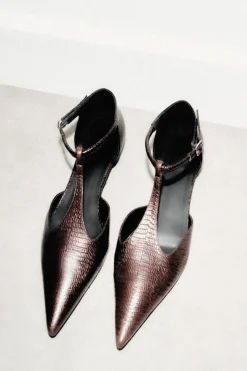 LIZARD-EFFECT LEATHER T-BAR WEDGE HEELS
